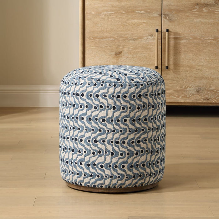 Cas Ottoman, Blue - plush fabric with steel blue swirls on natural ceruse wood base