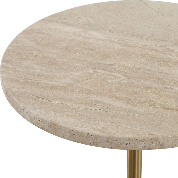 Malya Accent Table - travertine top with brass stem