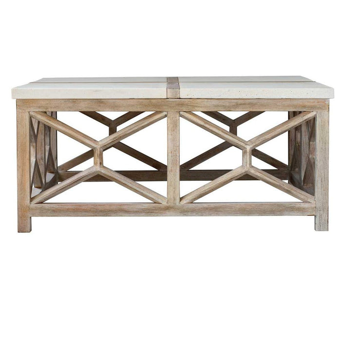 Catali Coffee Table - mixed woods with ivory limestone top