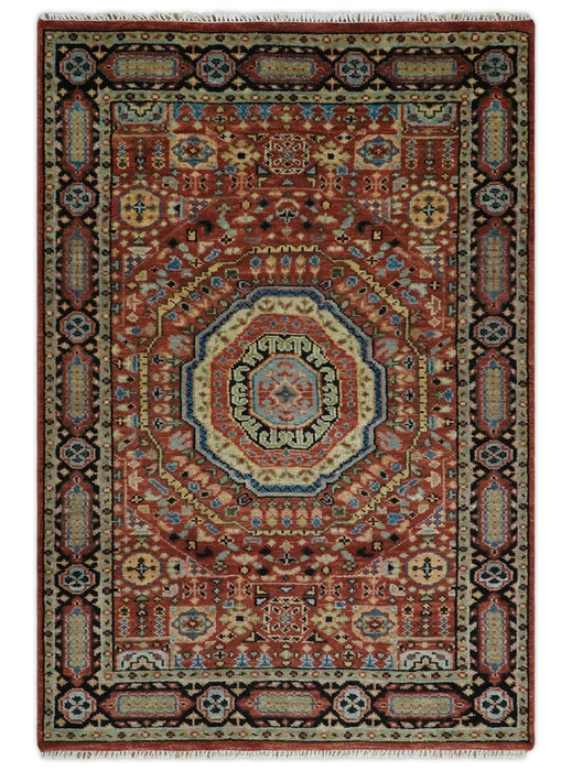 Fine Wool Hand Knotted Kazak Medallion Red and Black Traditional Rug