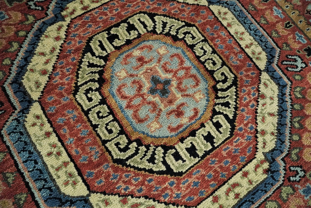 Fine Wool Hand Knotted Kazak Medallion Red and Black Traditional Rug