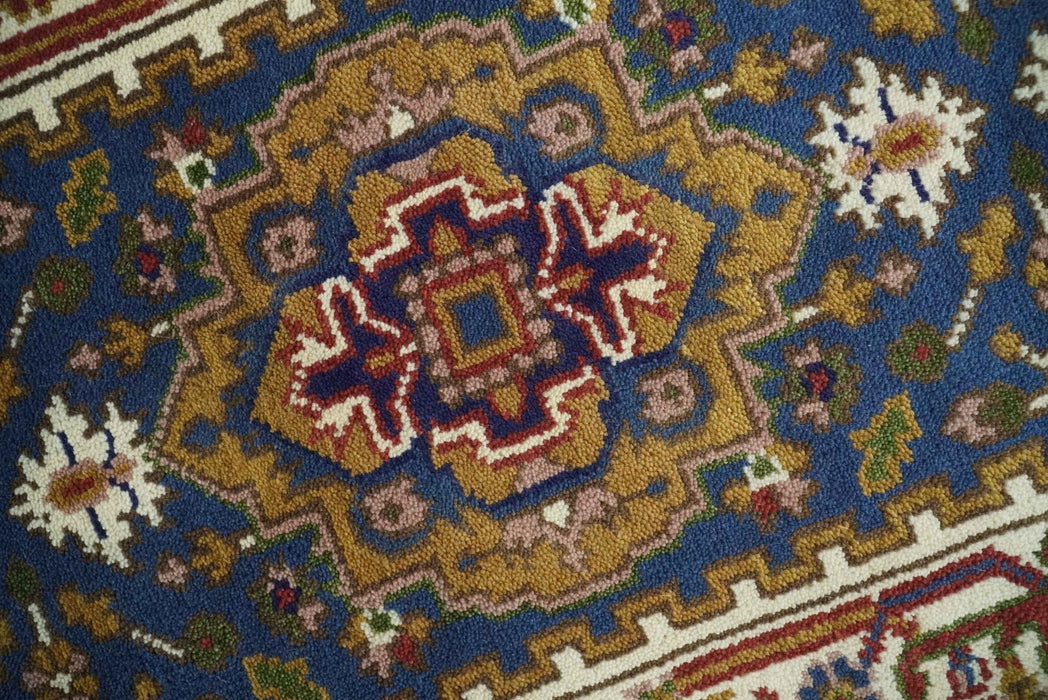 Hand Knotted 2.6x10 Blue, Ivory and Mustard Traditional Wool Area Rug