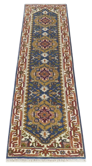 Hand Knotted 2.6x10 Blue, Ivory and Mustard Traditional Wool Area Rug
