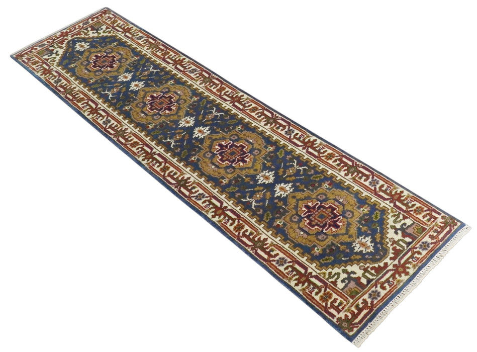 Hand Knotted 2.6x10 Blue, Ivory and Mustard Traditional Wool Area Rug