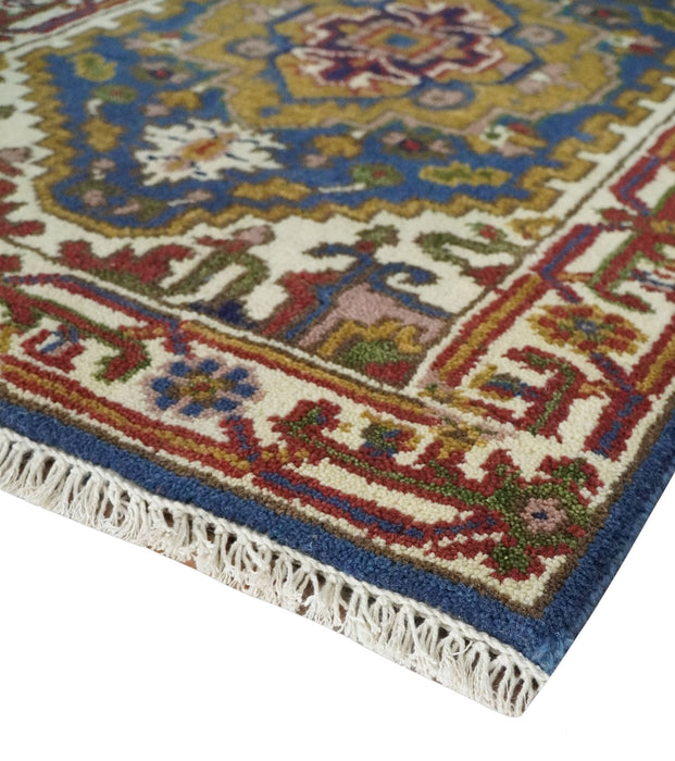 Hand Knotted 2.6x10 Blue, Ivory and Mustard Traditional Wool Area Rug