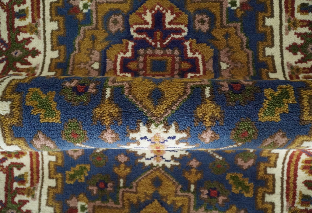 Hand Knotted 2.6x10 Blue, Ivory and Mustard Traditional Wool Area Rug