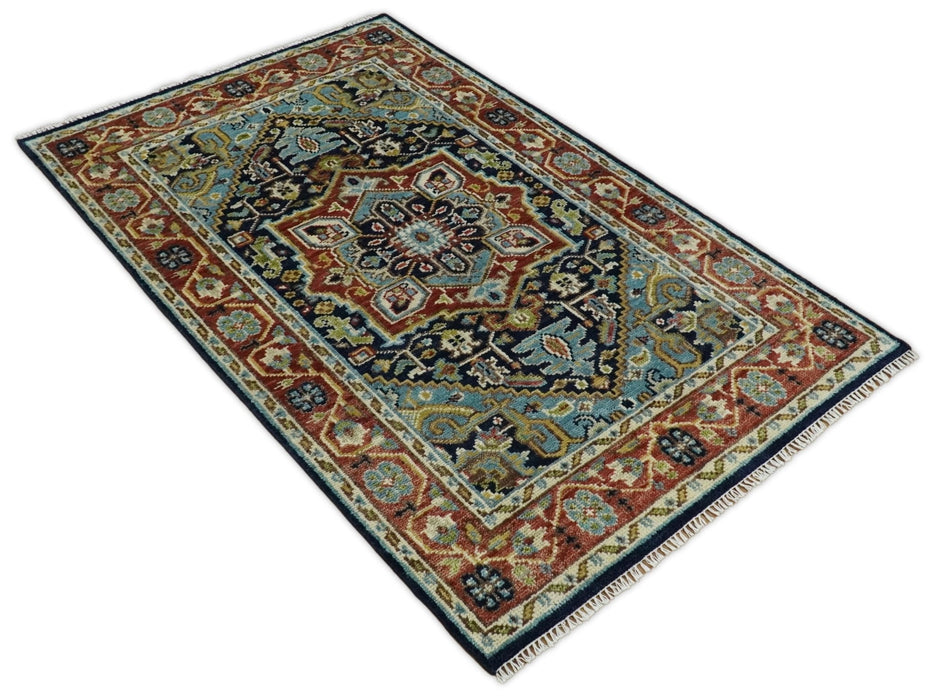 Hand Knotted 5x8 Blue and Rust Traditional Persian Heriz Serapi Area Rug | TRDCP19358