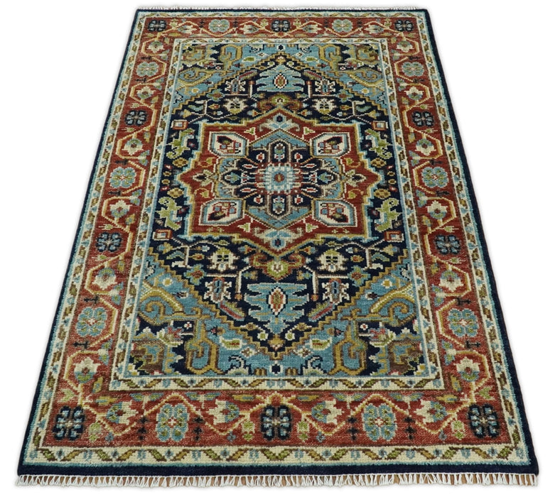 Hand Knotted 5x8 Blue and Rust Traditional Persian Heriz Serapi Area Rug | TRDCP19358