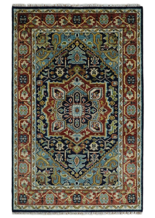 Hand Knotted 5x8 Blue and Rust Traditional Persian Heriz Serapi Area Rug | TRDCP19358