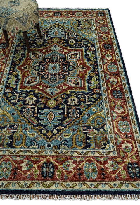 Hand Knotted 5x8 Blue and Rust Traditional Persian Heriz Serapi Area Rug | TRDCP19358