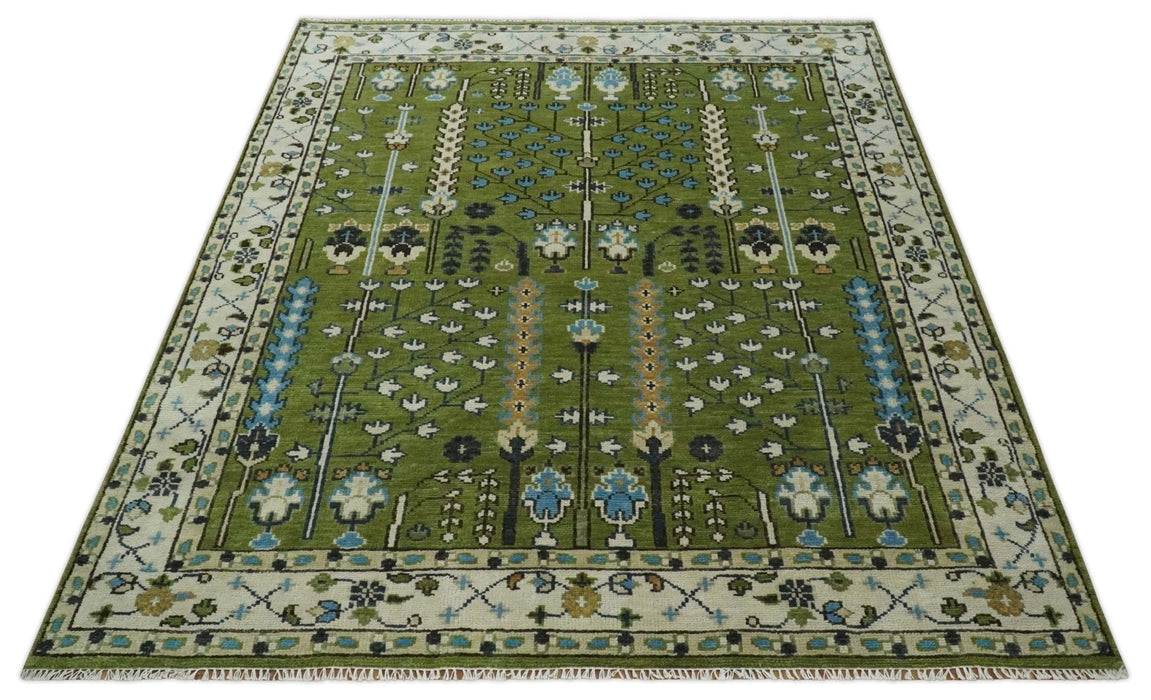 Hand Knotted 8x10, 9x12 Royal Green and Ivory Traditional Turkish Style Tree Of Life Wool Area Rug