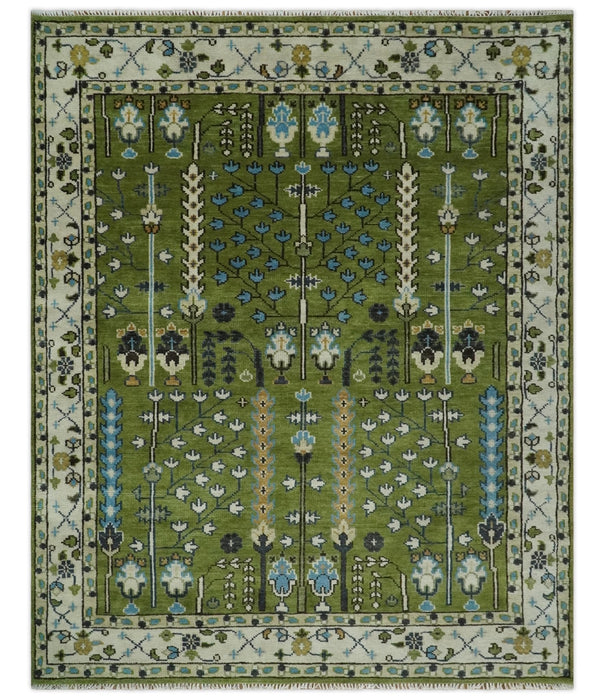 Hand Knotted 8x10, 9x12 Royal Green and Ivory Traditional Turkish Style Tree Of Life Wool Area Rug