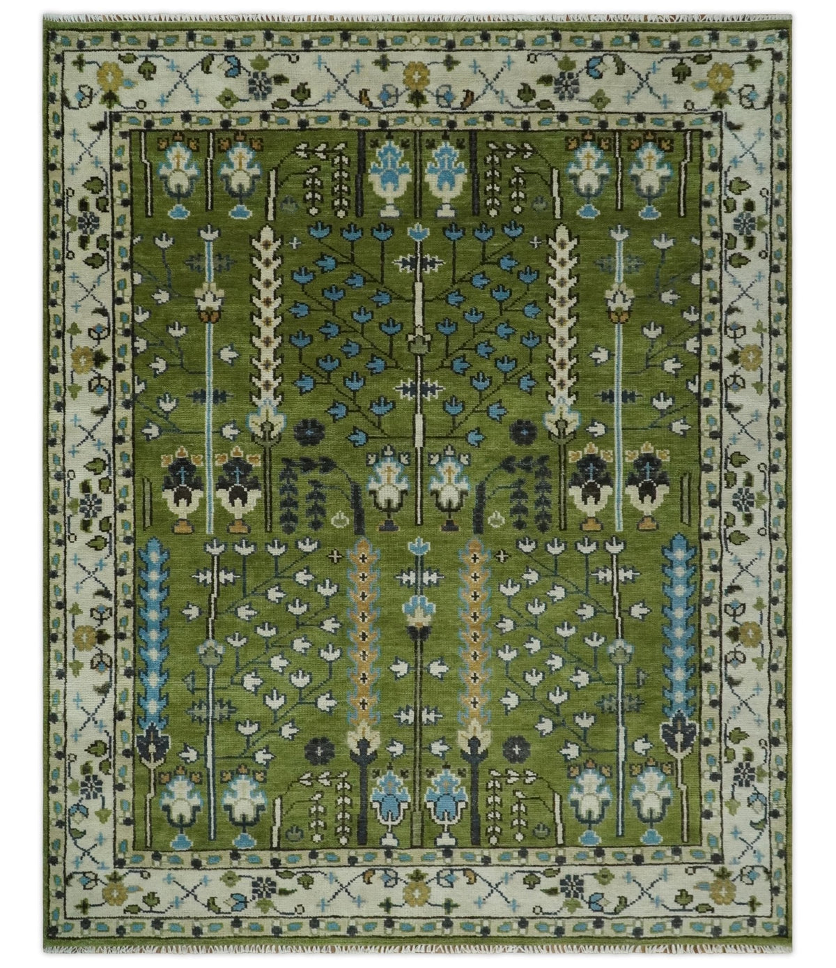 Hand Knotted 8x10, 9x12 Royal Green and Ivory Traditional Turkish 