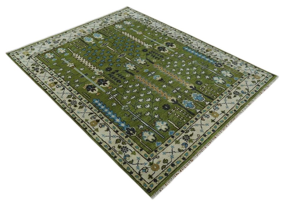 Hand Knotted 8x10, 9x12 Royal Green and Ivory Traditional Turkish Style Tree Of Life Wool Area Rug