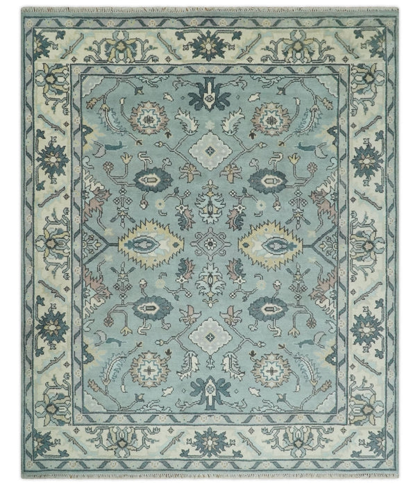 Hand Knotted 8x10 Blue and Ivory Traditional Oushak Persian Wool Area Rug | TRDCP1151810