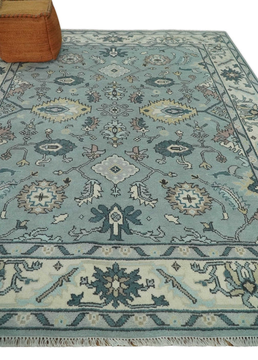 Hand Knotted 8x10 Blue and Ivory Traditional Oushak Persian Wool Area Rug | TRDCP1151810
