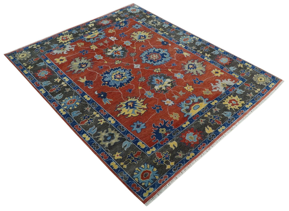 Hand Knotted 8x10 Brown, Blue and Charcoal vibrant colorful Traditional Oushak Wool Area Rug