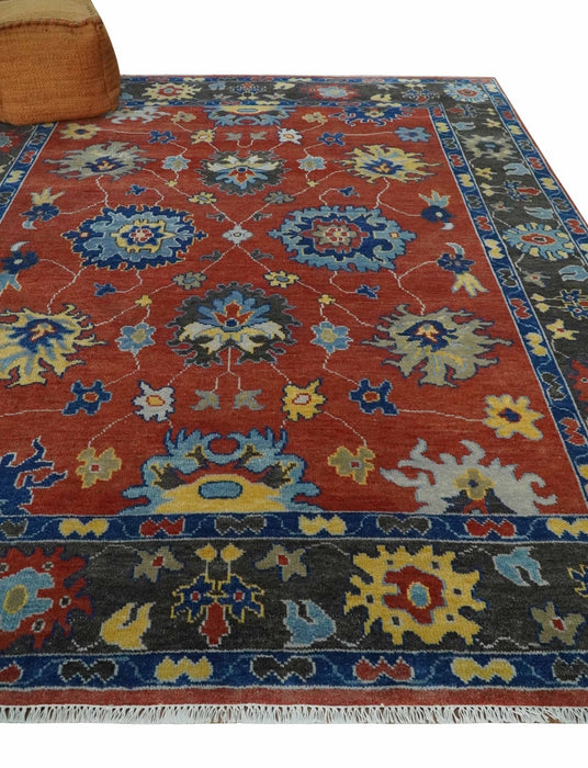 Hand Knotted 8x10 Brown, Blue and Charcoal vibrant colorful Traditional Oushak Wool Area Rug