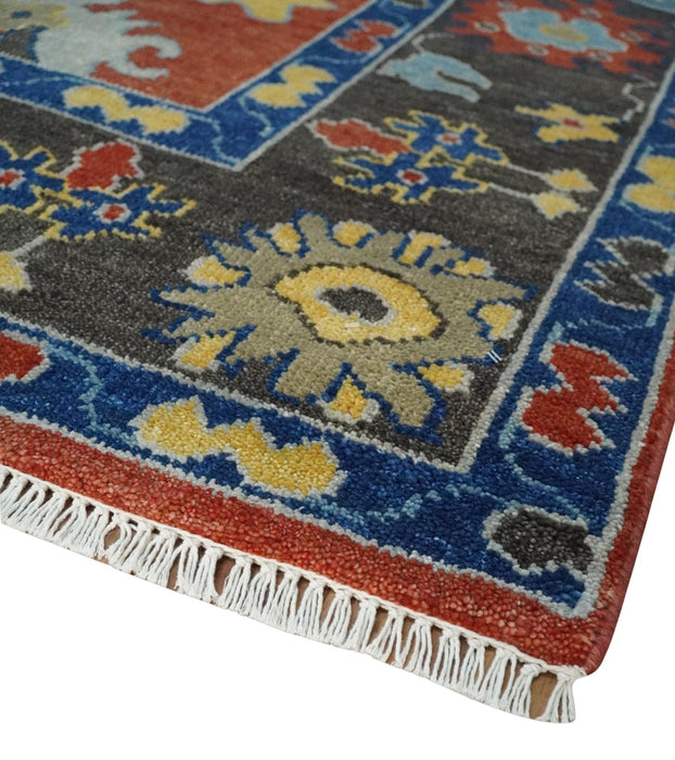 Hand Knotted 8x10 Brown, Blue and Charcoal vibrant colorful Traditional Oushak Wool Area Rug