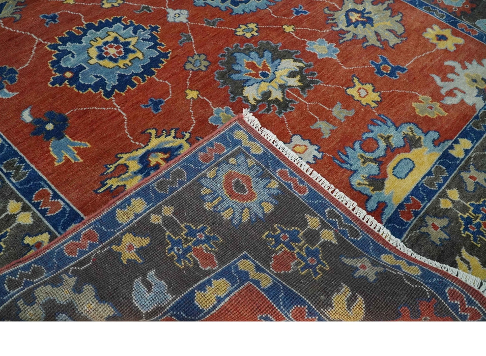Hand Knotted 8x10 Brown, Blue and Charcoal vibrant colorful Traditional Oushak Wool Area Rug