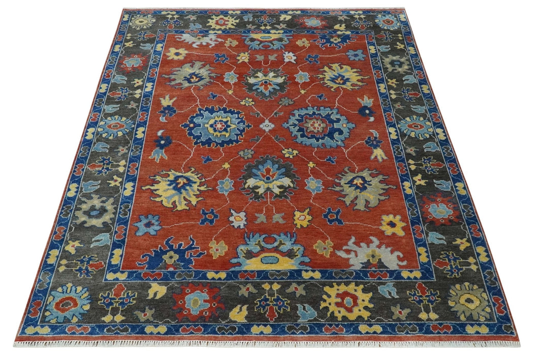 Hand Knotted 8x10 Brown, Blue and Charcoal vibrant colorful Traditional Oushak Wool Area Rug