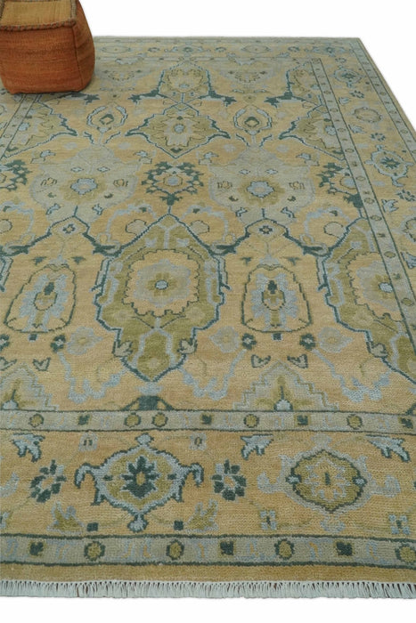 Hand Knotted 9x12 Oriental Oushak Beige and Blue Wool Area Rug | TRDCP1085912