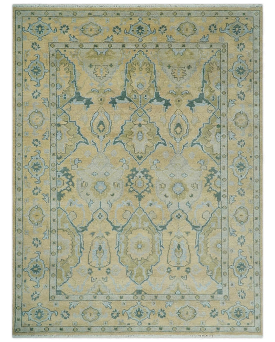 Hand Knotted 9x12 Oriental Oushak Beige and Blue Wool Area Rug | TRDCP1085912