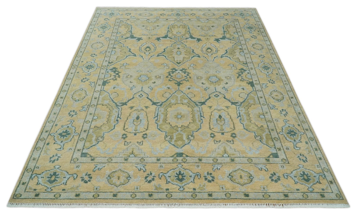Hand Knotted 9x12 Oriental Oushak Beige and Blue Wool Area Rug | TRDCP1085912