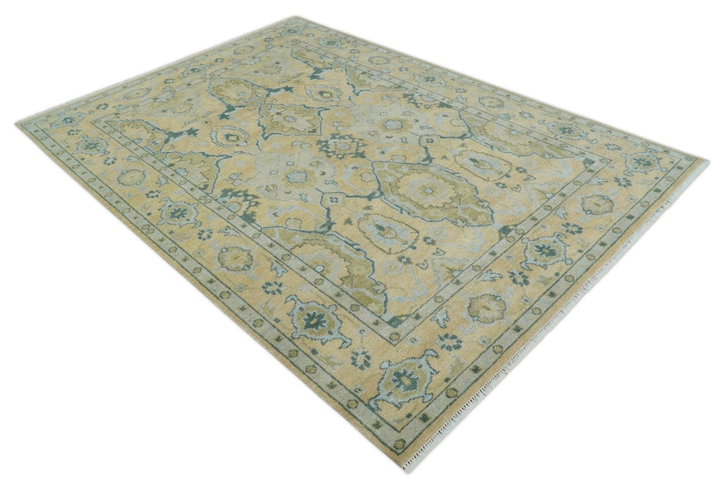 Hand Knotted 9x12 Oriental Oushak Beige and Blue Wool Area Rug | TRDCP1085912