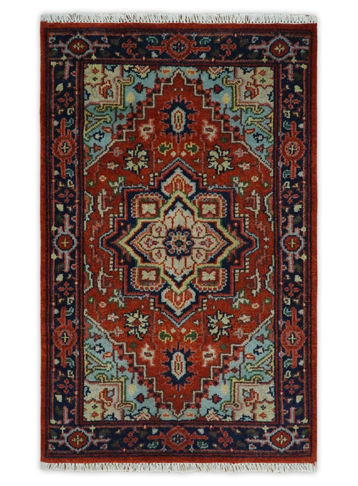 Hand knotted Brown, Aqua and Blue Traditional Heriz Serapi wool area rug