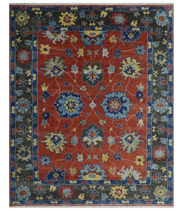Hand Knotted Brown, Blue and Charcoal colorful Traditional Oushak Wool Area Rug
