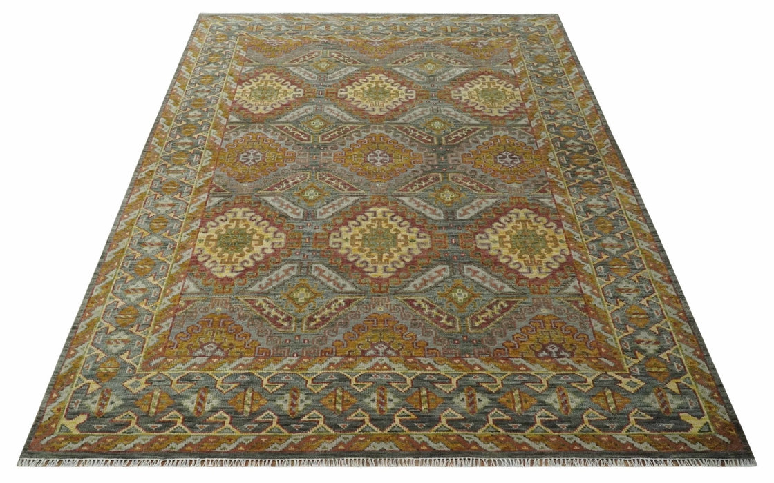 Hand Knotted Gold and Charcoal 9x12 Oriental Traditional Wool Area Rug