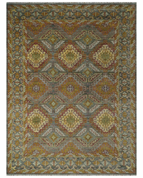 Hand Knotted Gold and Charcoal 9x12 Oriental Traditional Wool Area Rug