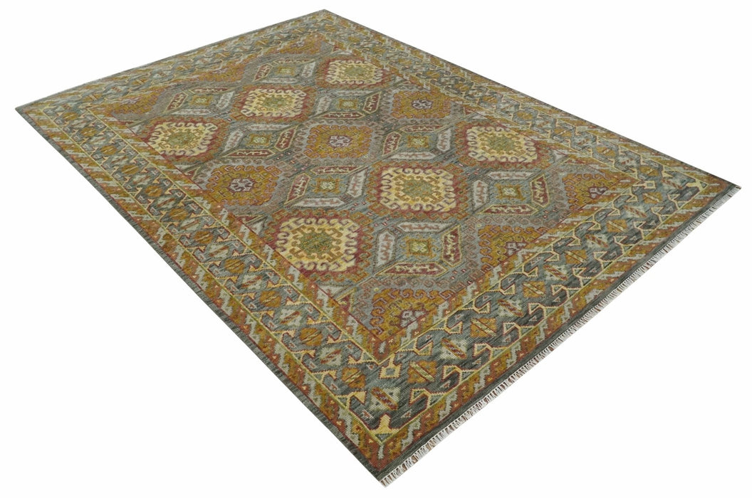 Hand Knotted Gold and Charcoal 9x12 Oriental Traditional Wool Area Rug