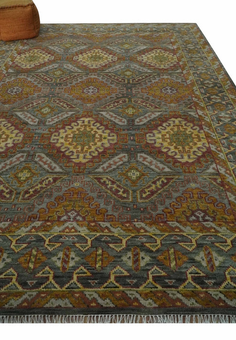 Hand Knotted Gold and Charcoal 9x12 Oriental Traditional Wool Area Rug