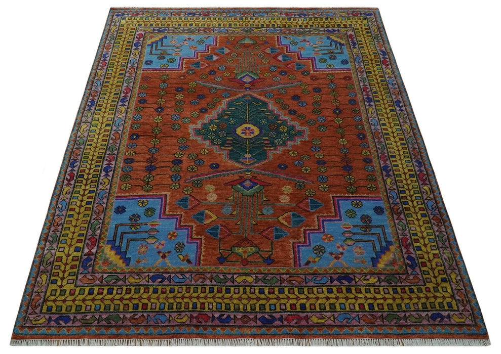 Hand Knotted Green, Rust, Yellow, Pink and Blue Traditional Floral 8x10 Wool Area Rug
