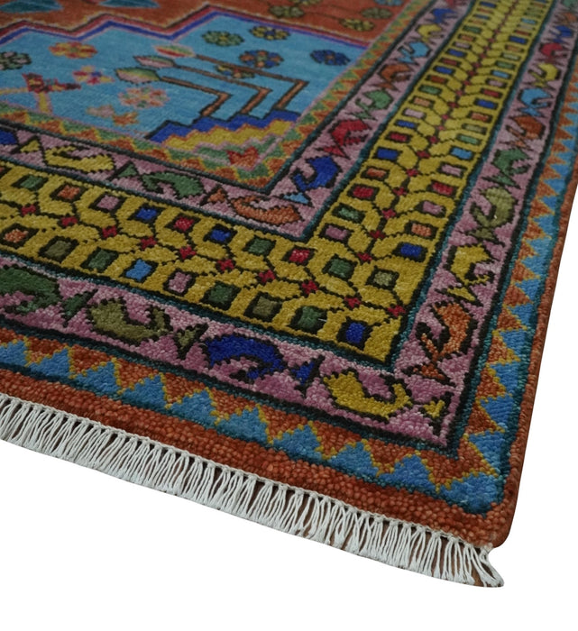 Hand Knotted Green, Rust, Yellow, Pink and Blue Traditional Floral 8x10 Wool Area Rug