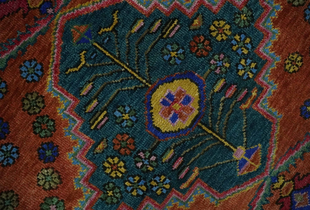 Hand Knotted Green, Rust, Yellow, Pink and Blue Traditional Floral 8x10 Wool Area Rug