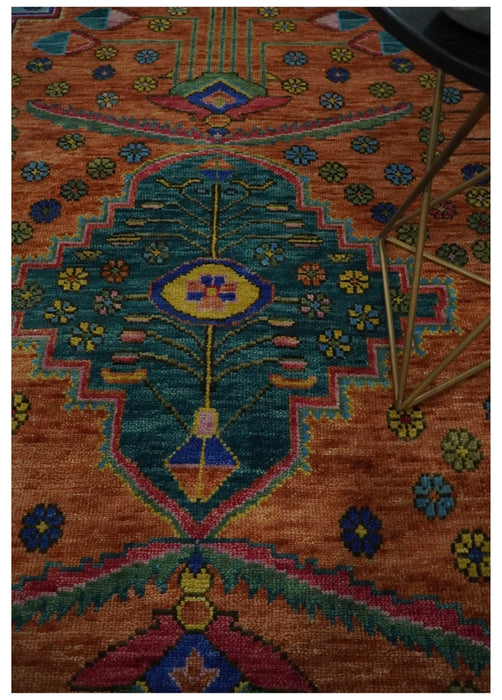 Hand Knotted Green, Rust, Yellow, Pink and Blue Traditional Floral 8x10 Wool Area Rug
