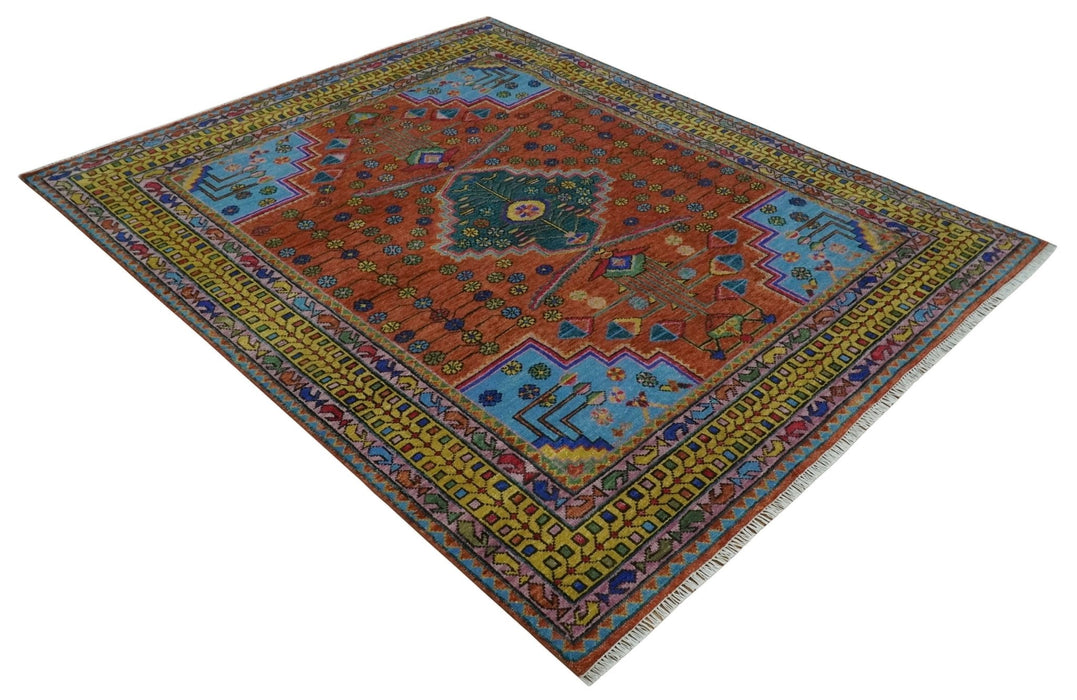 Hand Knotted Green, Rust, Yellow, Pink and Blue Traditional Floral 8x10 Wool Area Rug