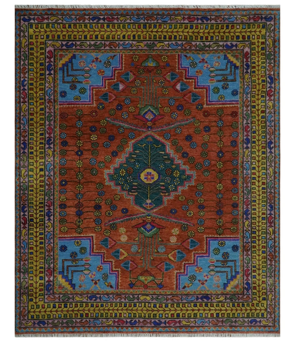 Hand Knotted Green, Rust, Yellow, Pink and Blue Traditional Floral 8x10 Wool Area Rug
