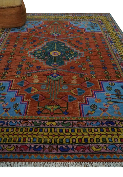 Hand Knotted Green, Rust, Yellow, Pink and Blue Traditional Floral 8x10 Wool Area Rug