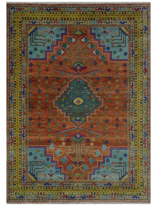 Hand Knotted Green, Rust, Yellow, Pink and Blue Traditional Floral 9x12 and 10x14 Wool Area Rug