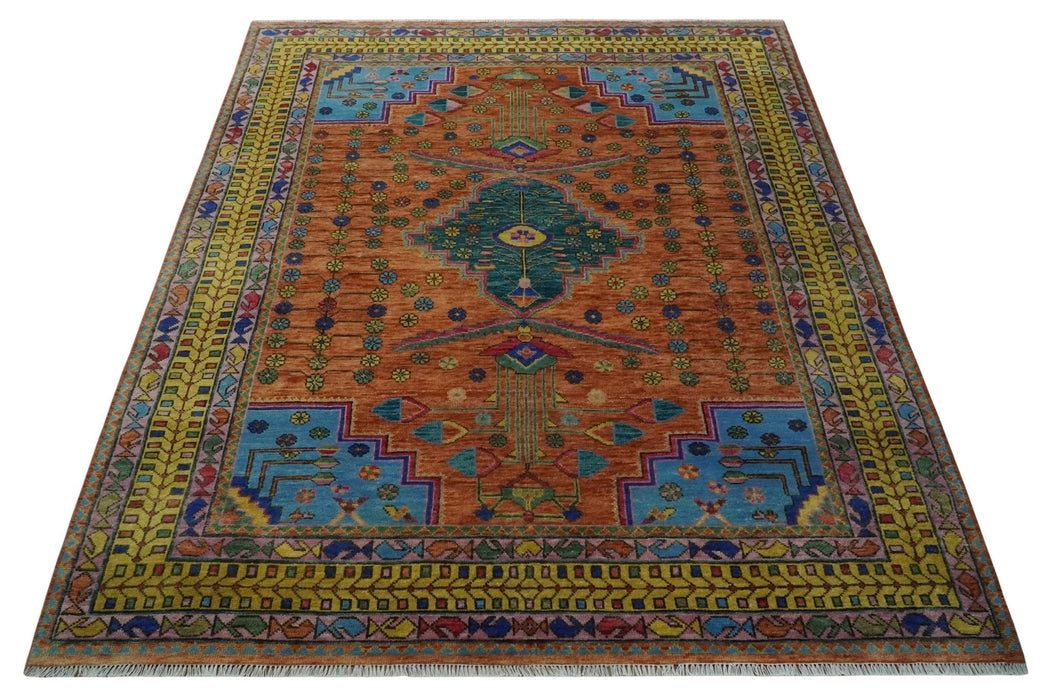 Hand Knotted Green, Rust, Yellow, Pink and Blue Traditional Floral 9x12 and 10x14 Wool Area Rug