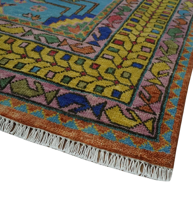 Hand Knotted Green, Rust, Yellow, Pink and Blue Traditional Floral 9x12 and 10x14 Wool Area Rug