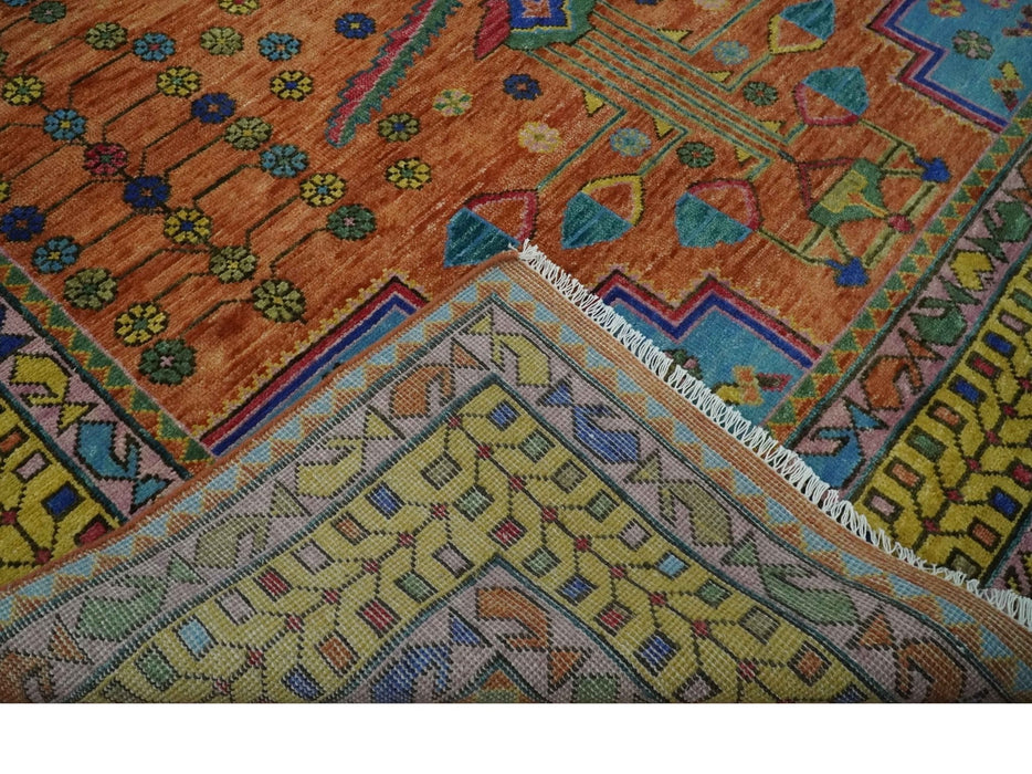 Hand Knotted Green, Rust, Yellow, Pink and Blue Traditional Floral 9x12 and 10x14 Wool Area Rug