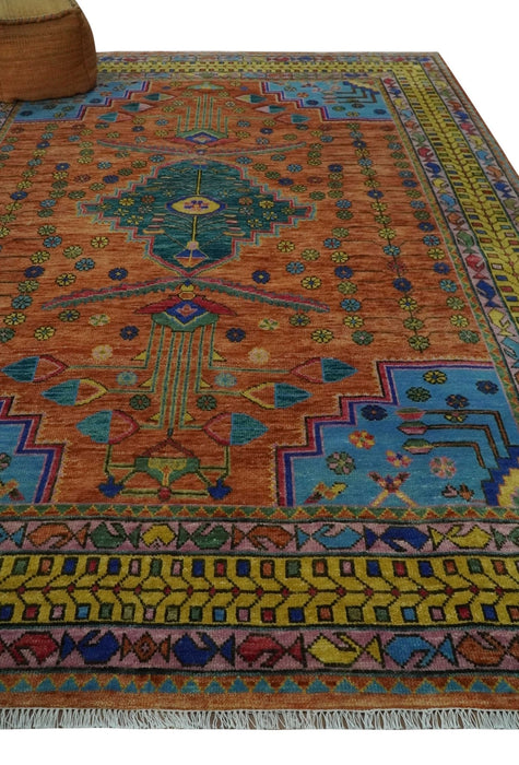 Hand Knotted Green, Rust, Yellow, Pink and Blue Traditional Floral 9x12 and 10x14 Wool Area Rug