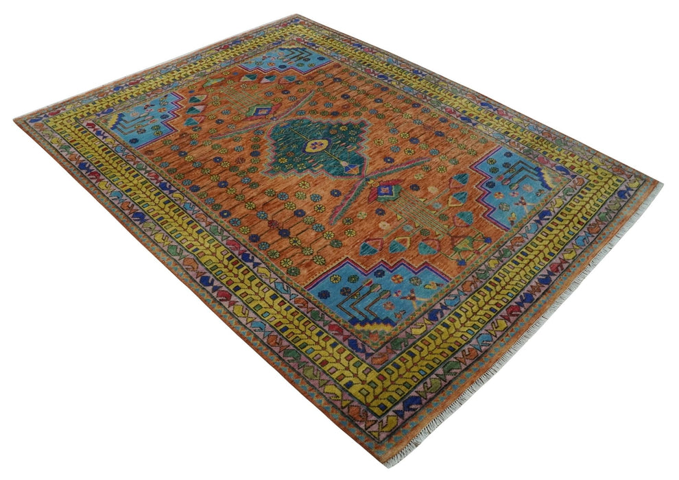Hand Knotted Green, Rust, Yellow, Pink and Blue Traditional Floral 9x12 and 10x14 Wool Area Rug