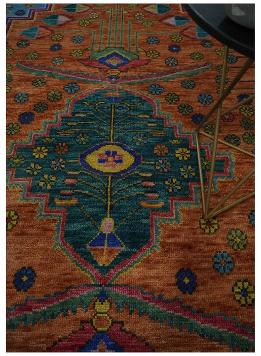 Hand Knotted Green, Rust, Yellow, Pink and Blue Traditional Floral 9x12 and 10x14 Wool Area Rug