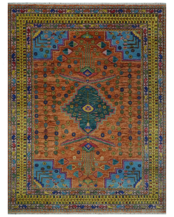 Hand Knotted Green, Rust, Yellow, Pink and Blue Traditional Floral 9x12 and 10x14 Wool Area Rug